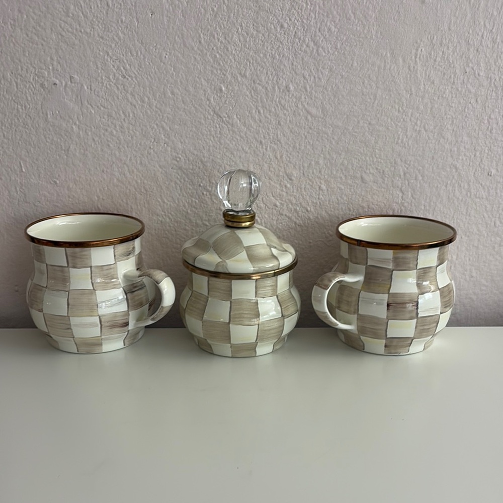 Mackenzie -Childs Check Lidded Ceramic Sugar Bowl and Mugs Set